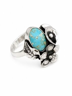 Sterling Silver Turquoise Floral Cocktail Ring - Blue Stone